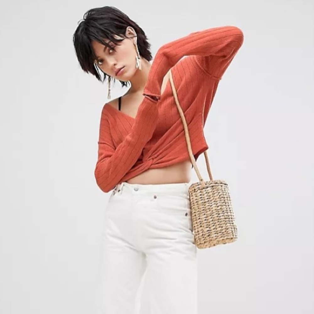 Free People Got Me Twisted Ribbed Sweater Knot V Neck  Cropped Orange Medium